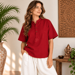 Kurta Corta Roja para Mujer Ananda con Bordado Om KM - BOUTIQUEDELAINDIA