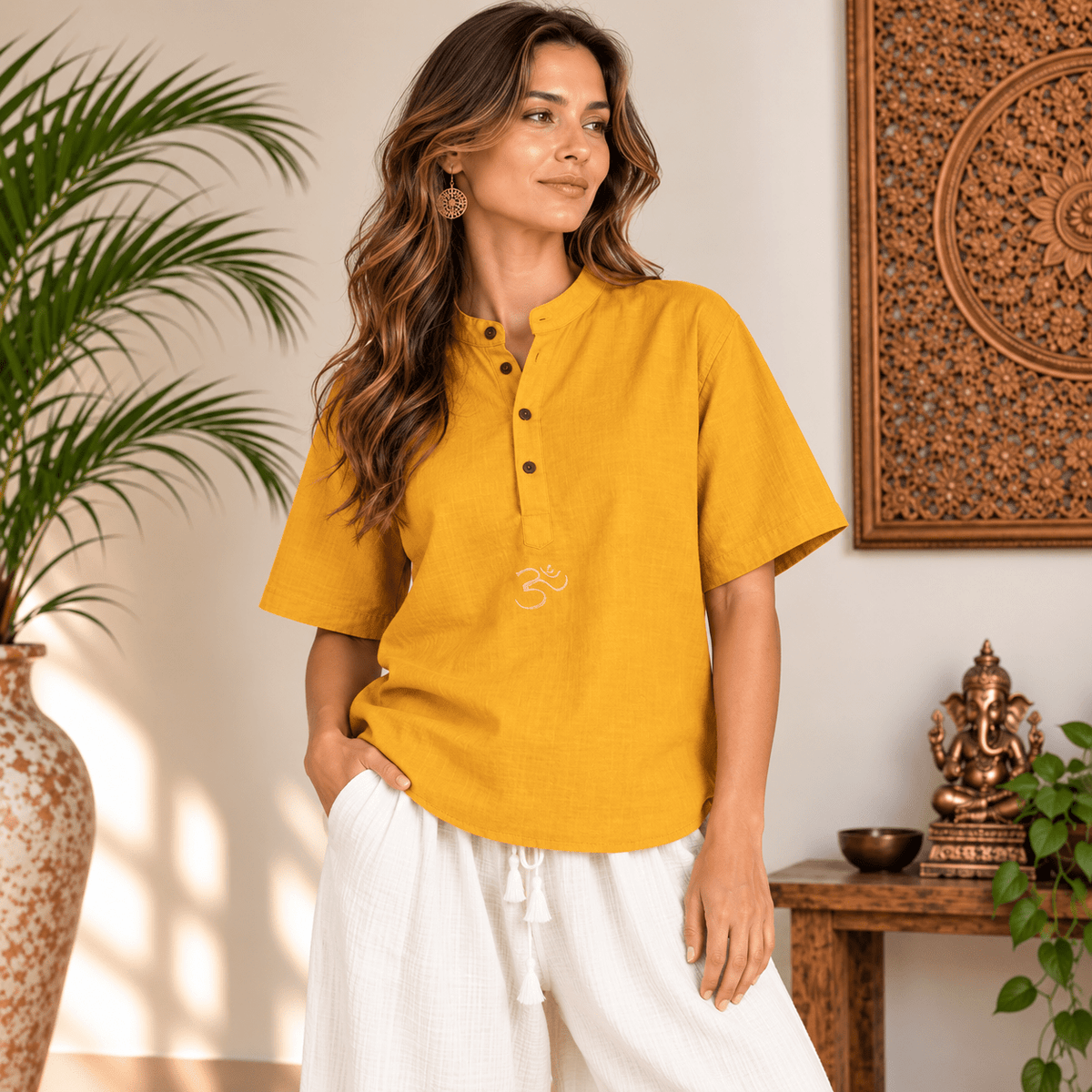 Kurta Mostaza para Mujer Surya con Bordado Om KM - BOUTIQUEDELAINDIA