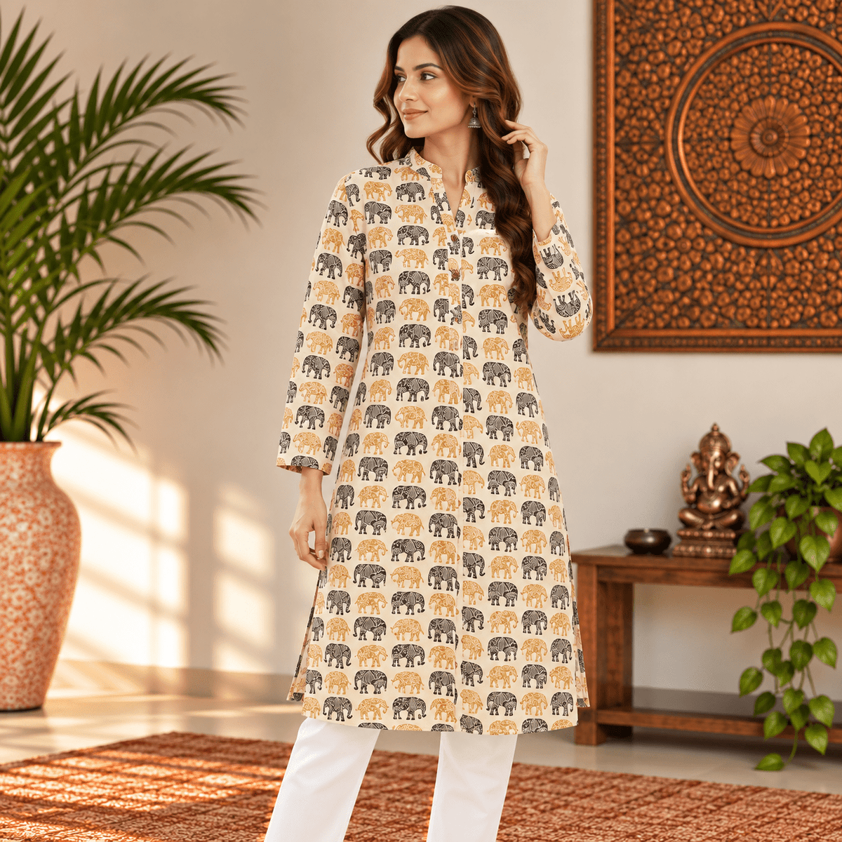 Kurta Larga para Mujer Gauri con Elefantes de la India KM - BOUTIQUEDELAINDIA