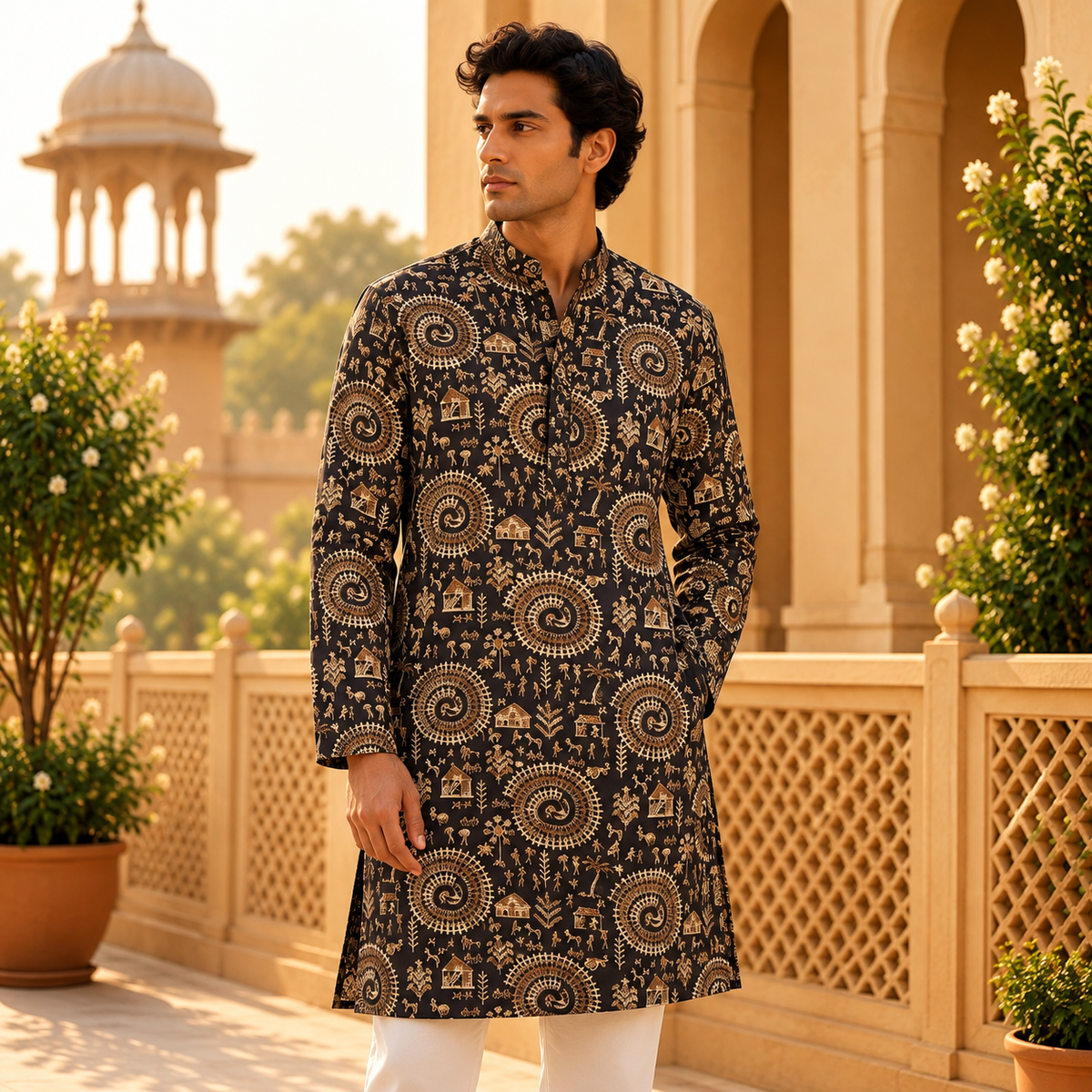 Kurta Adivasi Negro con Estampado Tribal Warli Dorado - BOUTIQUEDELAINDIA