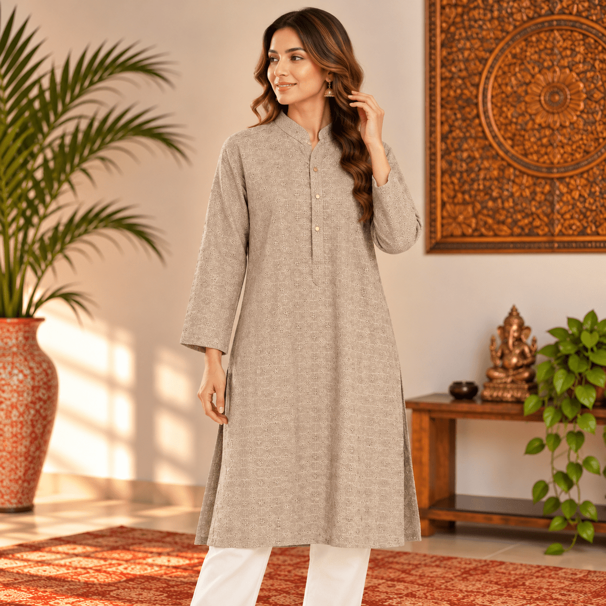 Kurta Larga Beige para Mujer Kavya con Bordado Geométrico KM - BOUTIQUEDELAINDIA