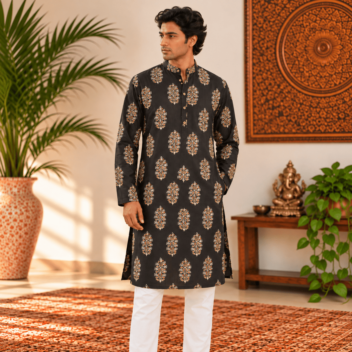 Kurta Larga Negra para Hombre con Estampado Botánico KH - BOUTIQUEDELAINDIA