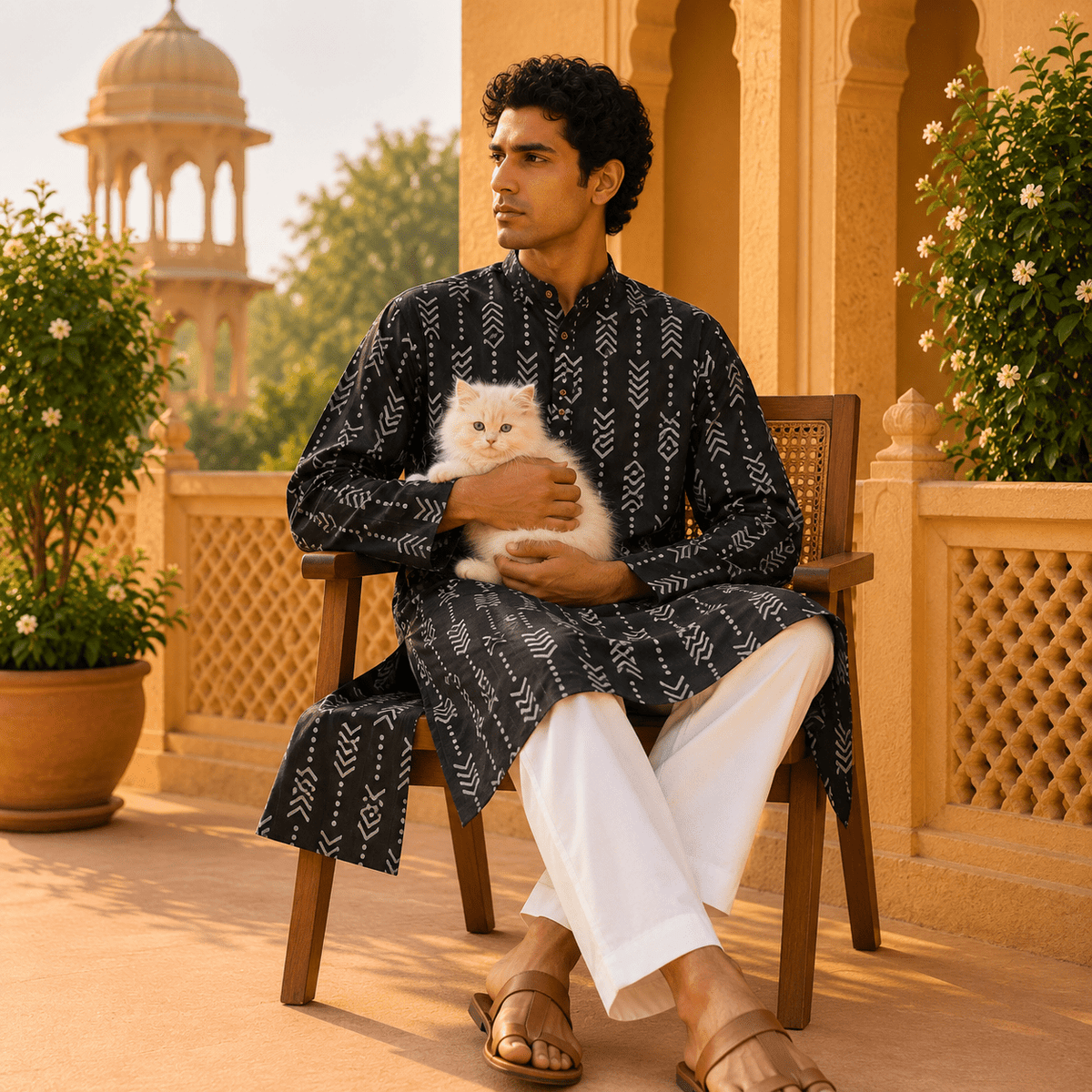 Kurta Ishaan Negro con Estampado Geométrico de Flechas - BOUTIQUEDELAINDIA