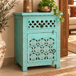 Gabinete Oriental Turquesa con Tallado Floral Artesanal - MD - BOUTIQUEDELAINDIA
