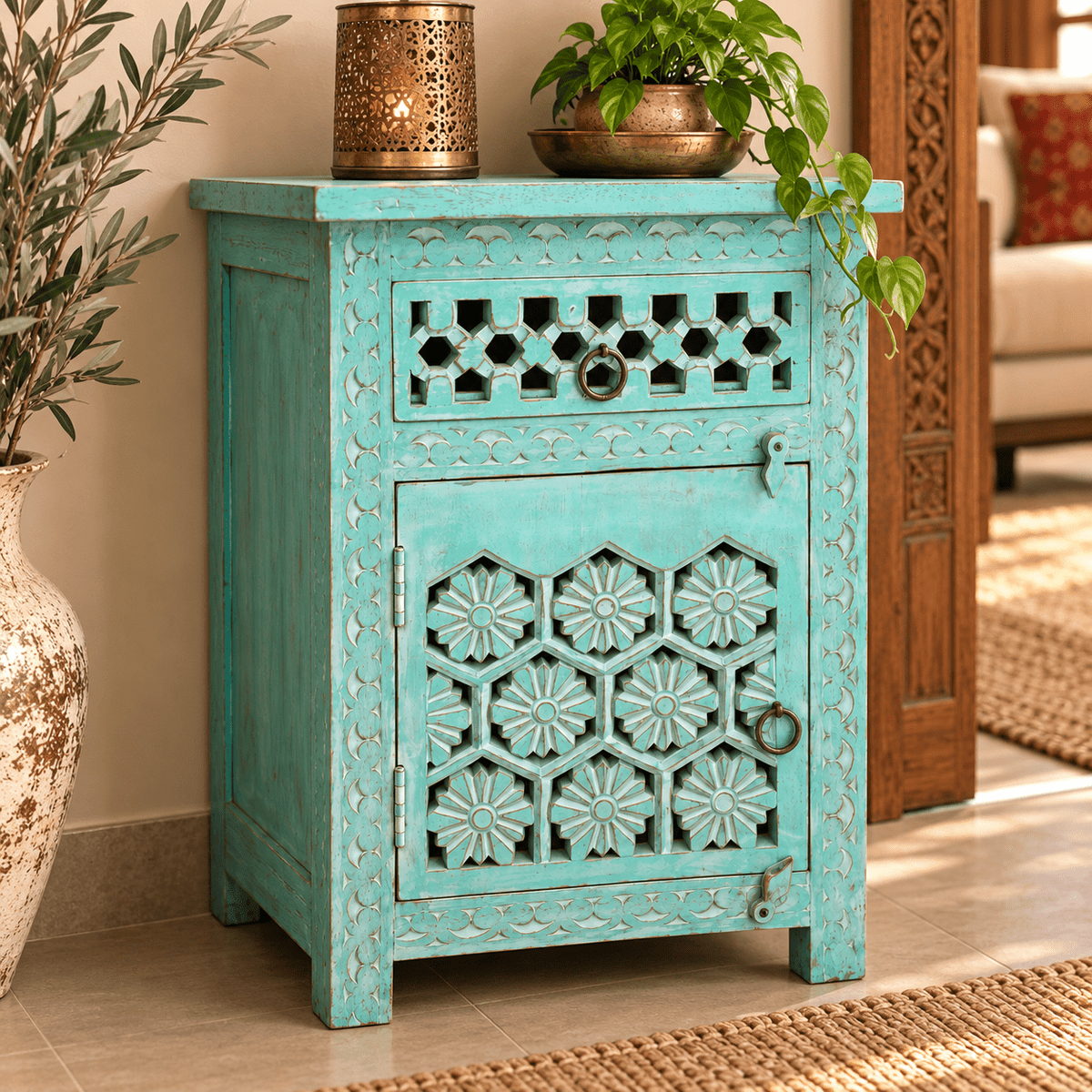 Gabinete Oriental Turquesa con Tallado Floral Artesanal - MD - BOUTIQUEDELAINDIA