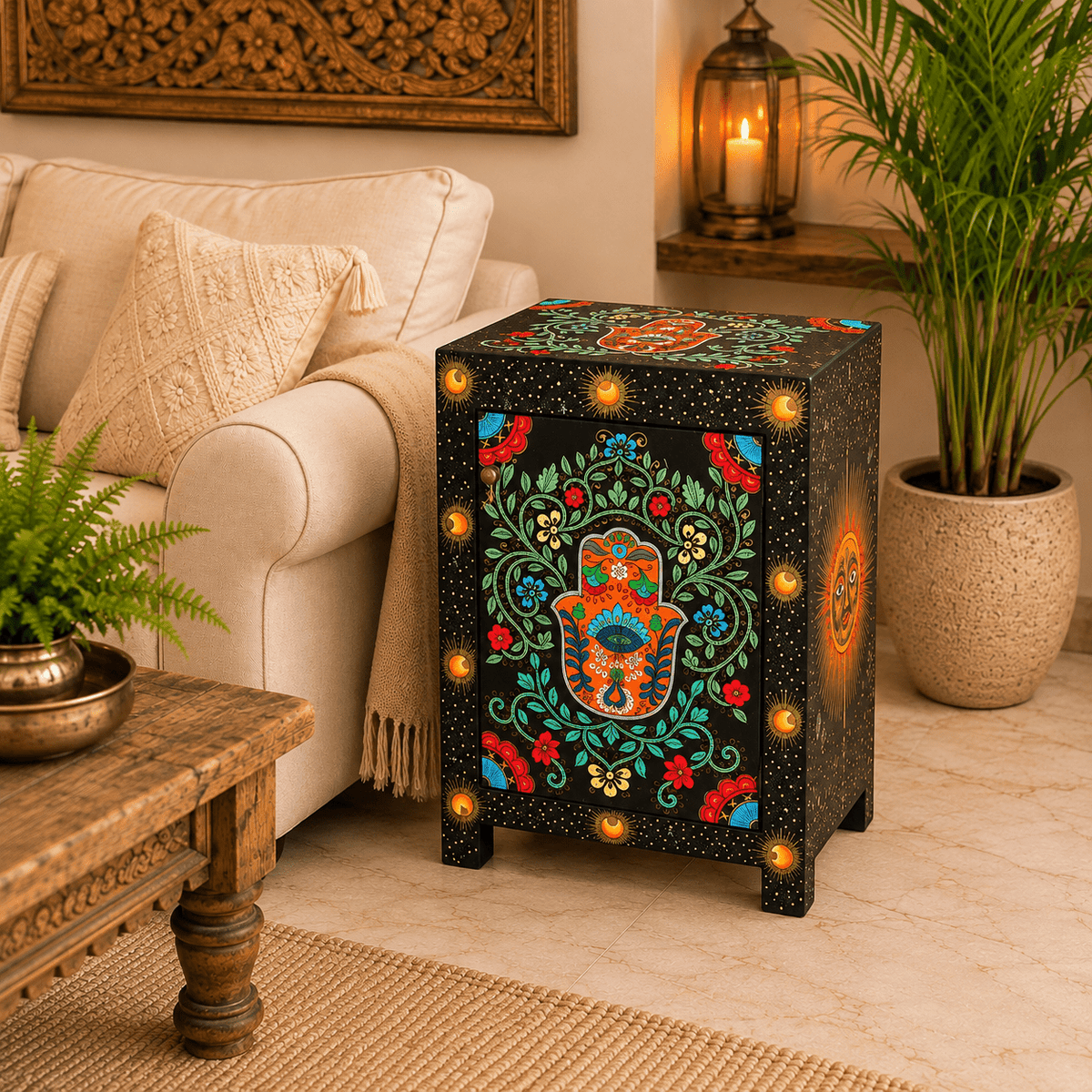 Mesa Auxiliar Mano de Hamsa de la Fortuna en Madera Pintada a Mano - BOUTIQUEDELAINDIA