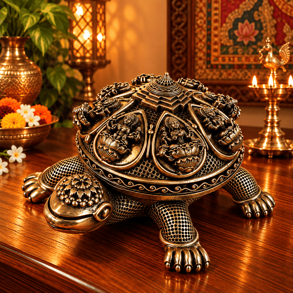 Figura Decorativa Tortuga de Bronce Kurma Ashtadev con Ocho Dioses Hindúes – Protección y Prosperidad - BOUTIQUEDELAINDIA
