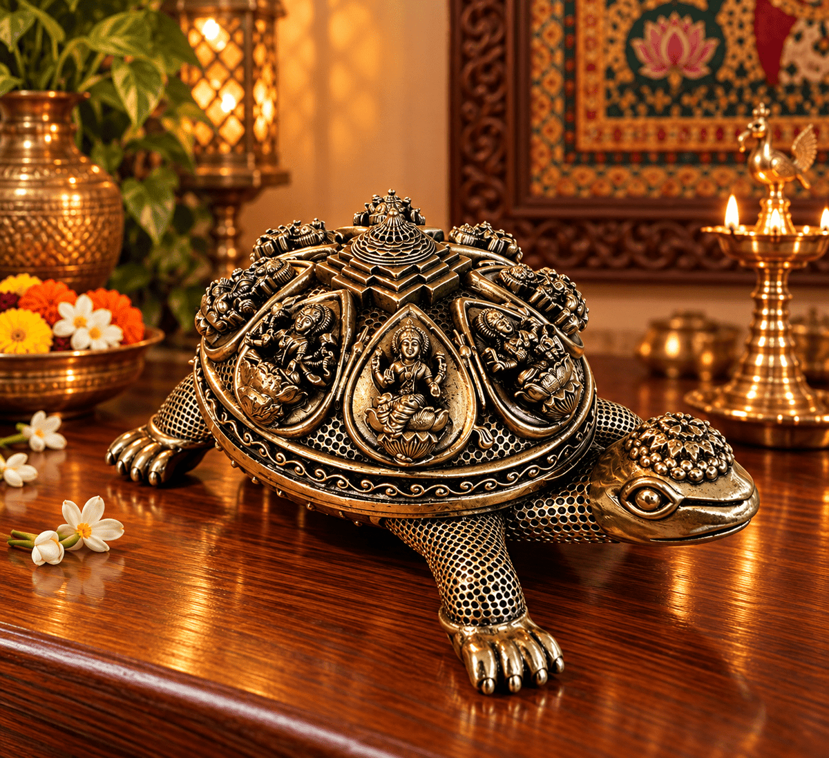Figura Decorativa Tortuga de Bronce Kurma Ashtadev con Ocho Dioses Hindúes – Protección y Prosperidad - BOUTIQUEDELAINDIA