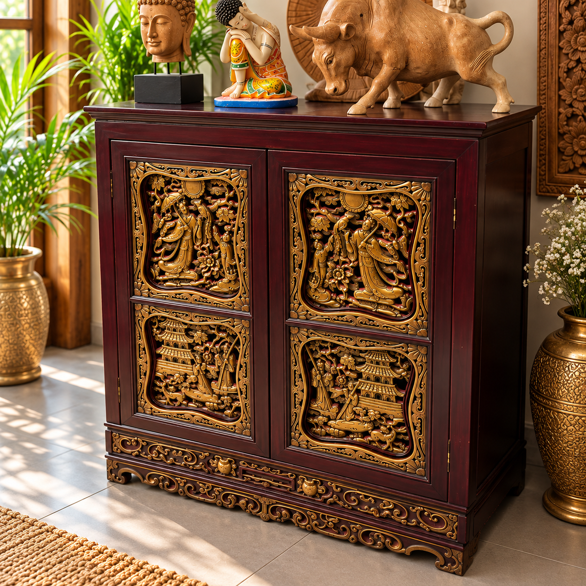 Gabinete Oriental de Madera con Relieves Dorados de Arte Asiático - MD - BOUTIQUEDELAINDIA