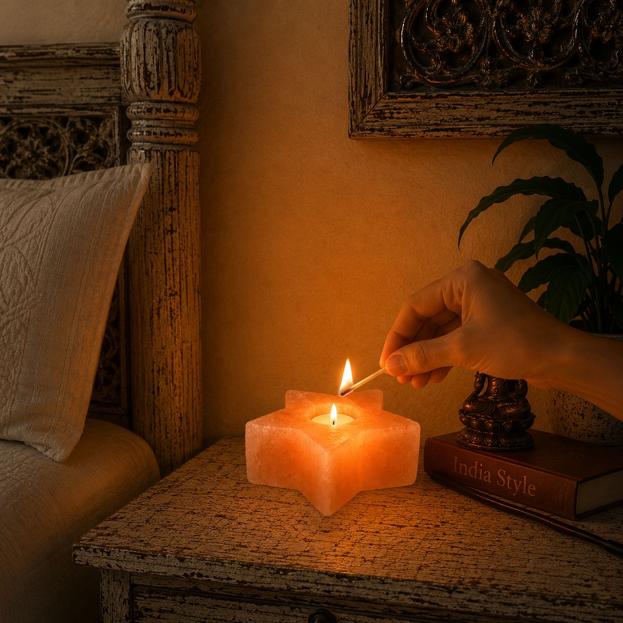 Porta vela Sal Rosada del Himalaya Estrella - BOUTIQUEDELAINDIA