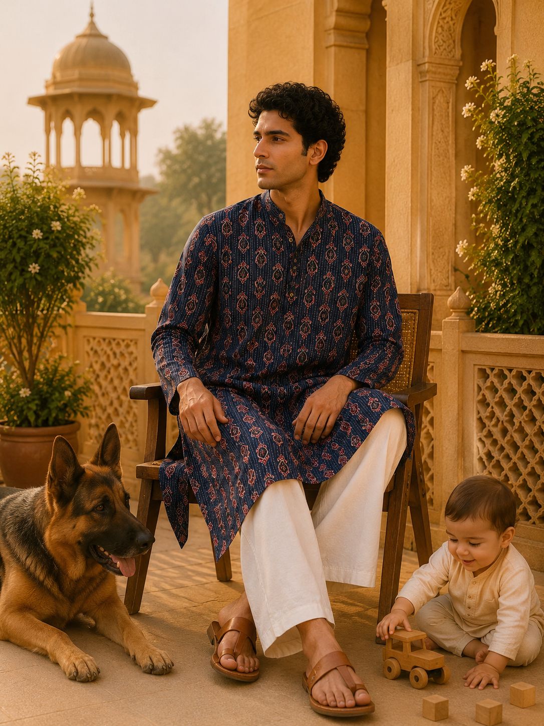 Kurta Larga Para Hombre (Azul y Terracota)