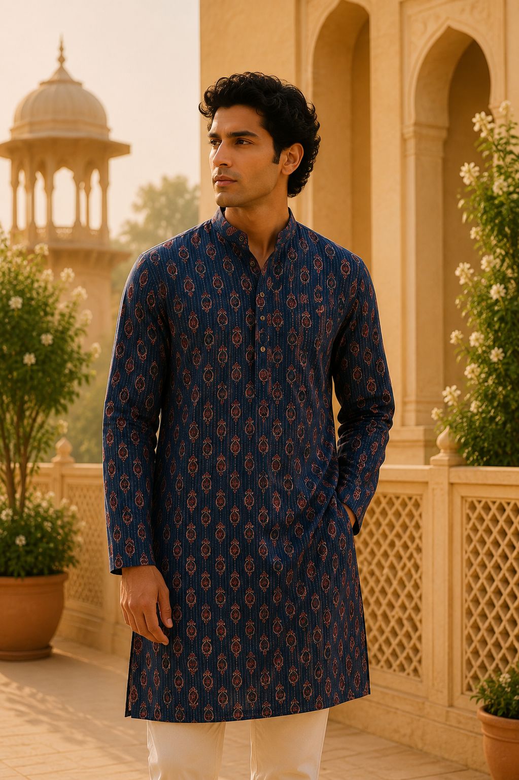Kurta Larga Para Hombre (Azul y Terracota)