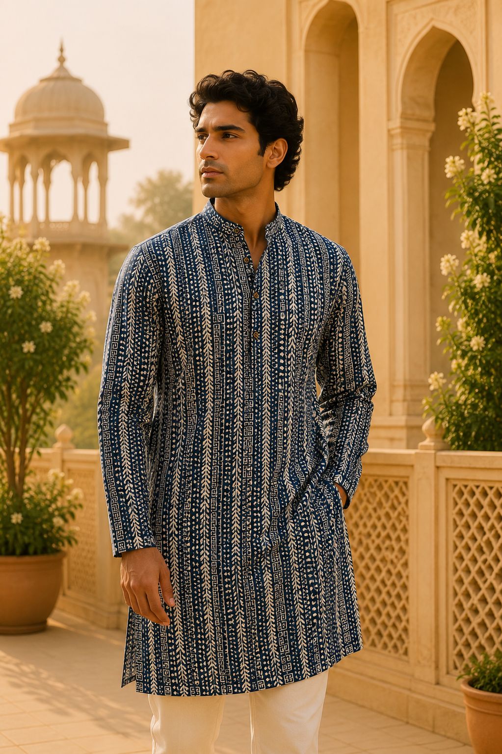 Kurta Larga Para Hombre (Azul Heritage)