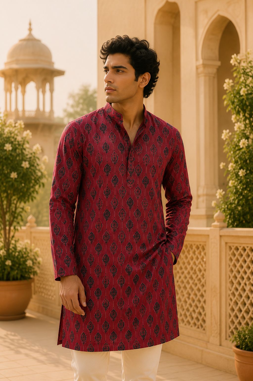 Kurta Larga Para Hombre (Rojo Vino)