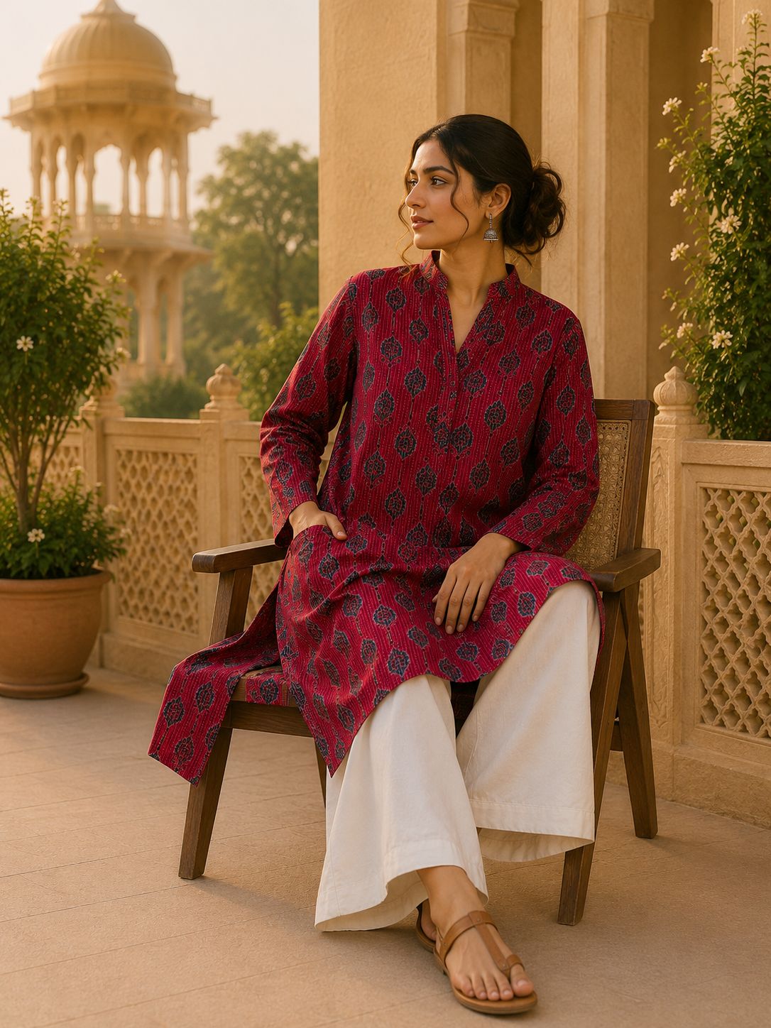 Kurta Larga Para Mujer (Rojo Vino)