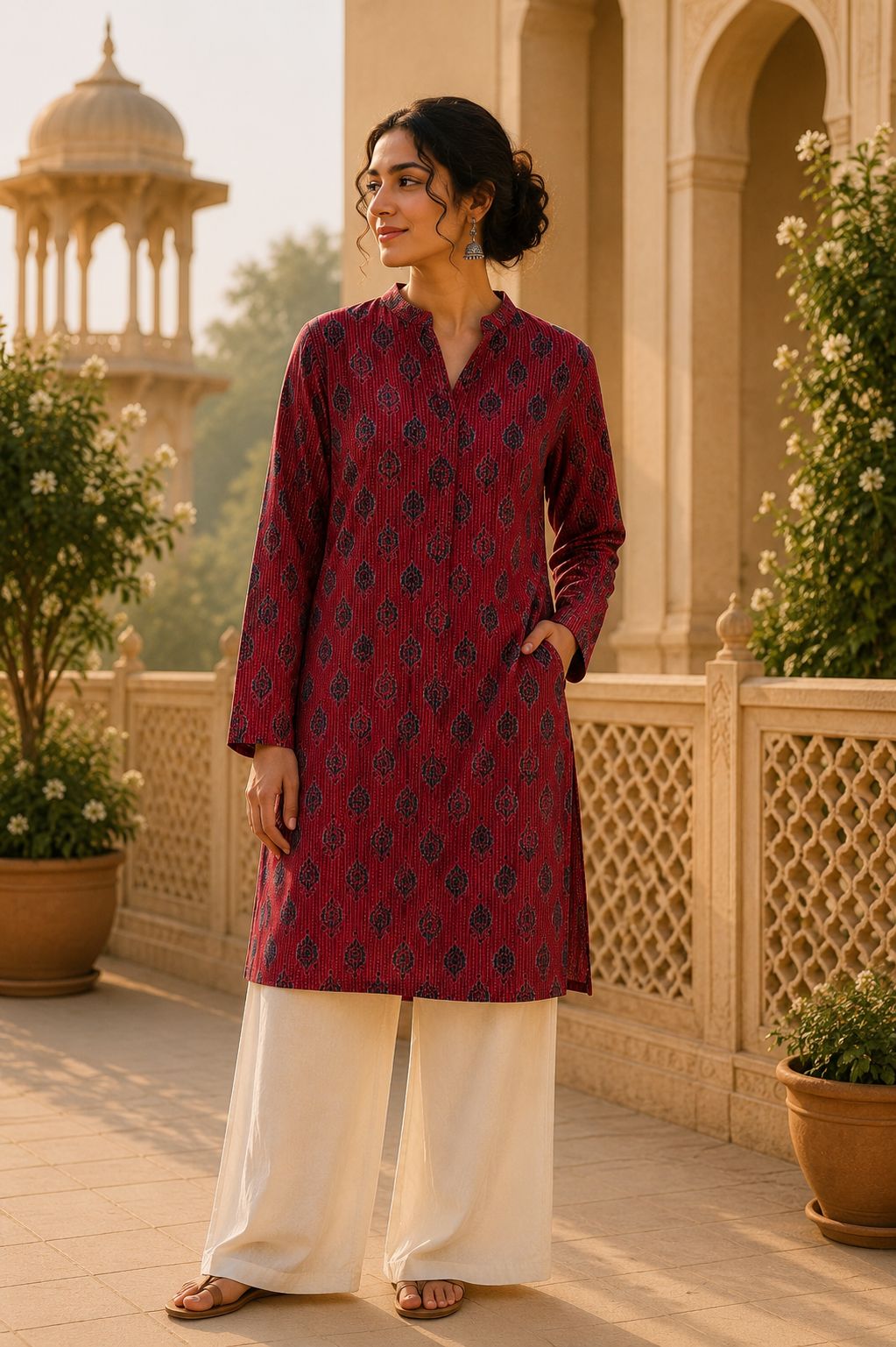 Kurta Larga Para Mujer (Rojo Vino)