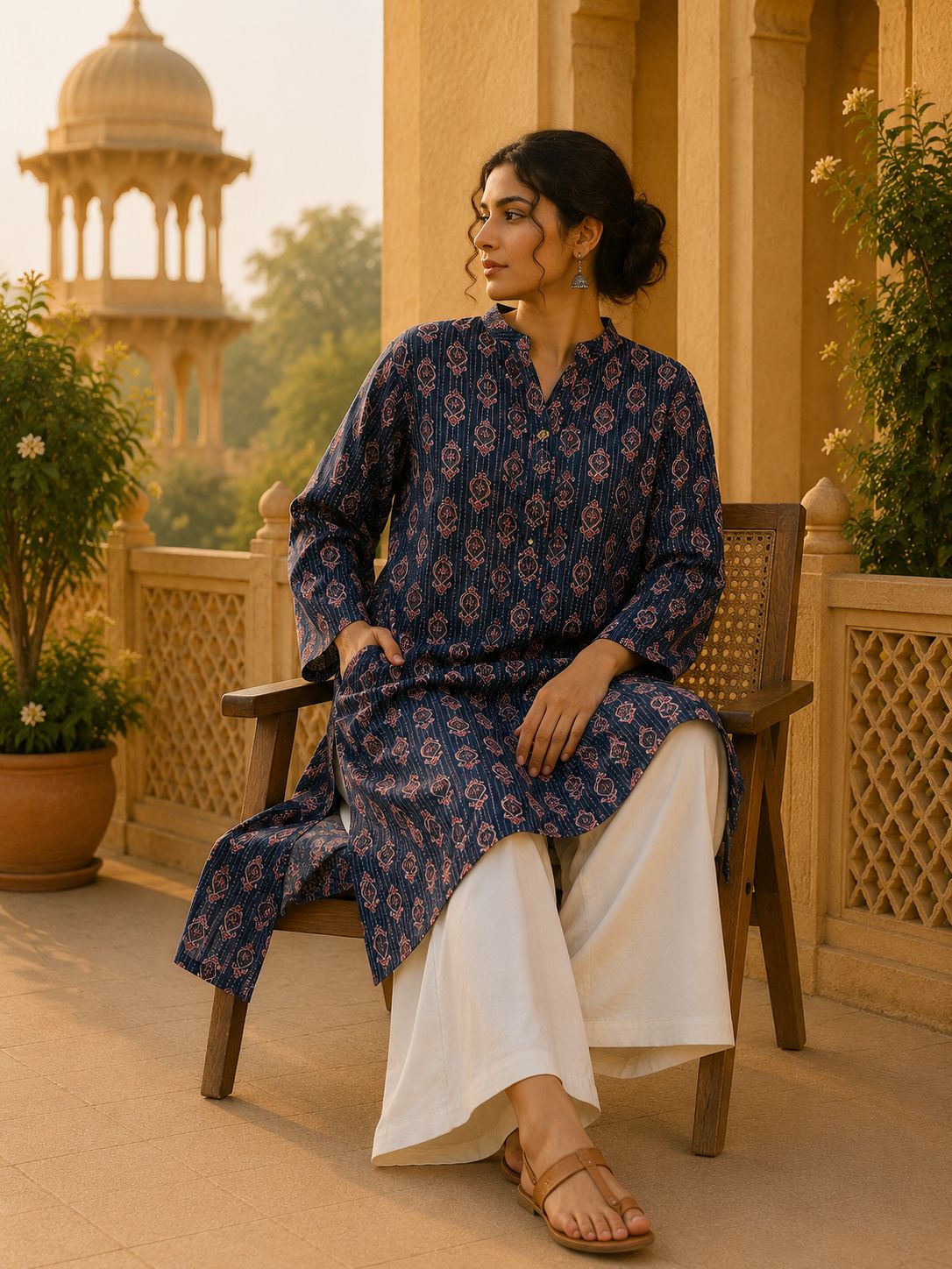 Kurta Larga Para Mujer (Azul y Terracota)