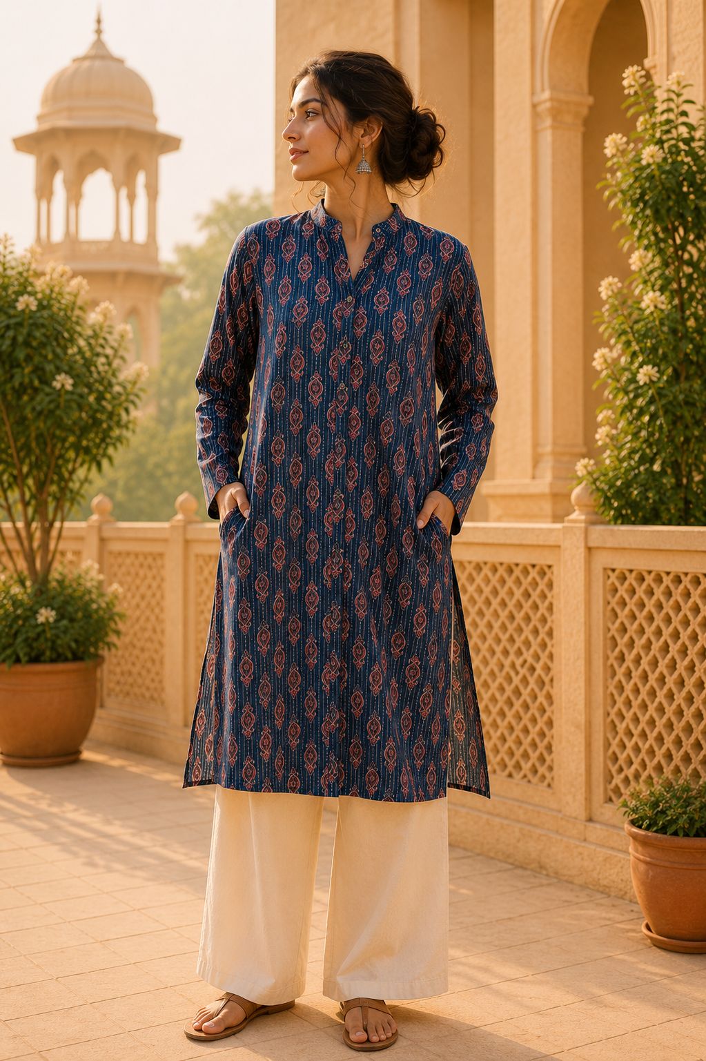 Kurta Larga Para Mujer (Azul y Terracota)