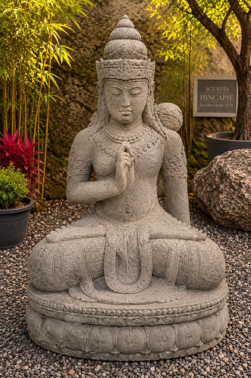 Estatua de Buda en piedra de río Vishranti - BOUTIQUEDELAINDIA