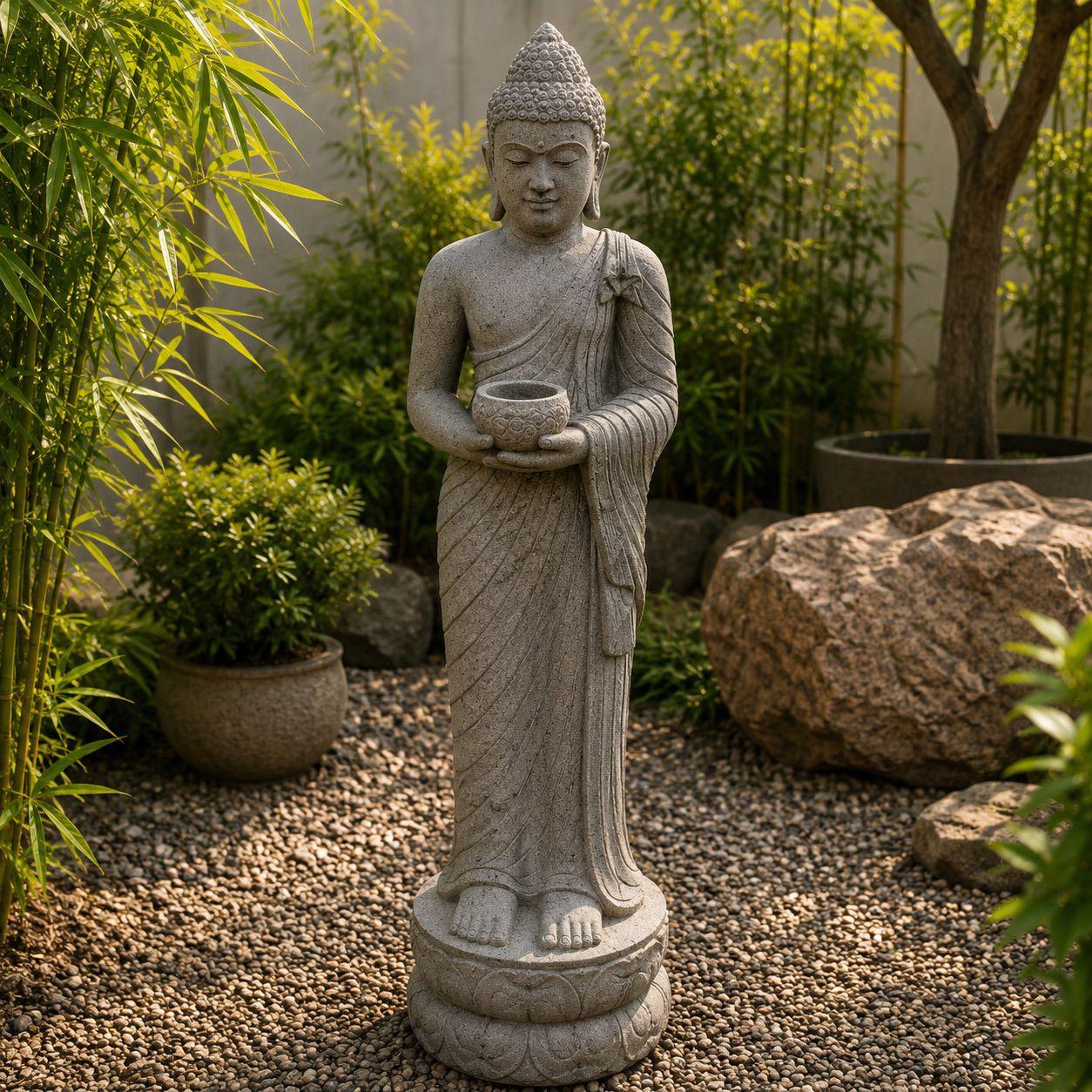 Estatua de Buda en piedra de río Atman - BOUTIQUEDELAINDIA