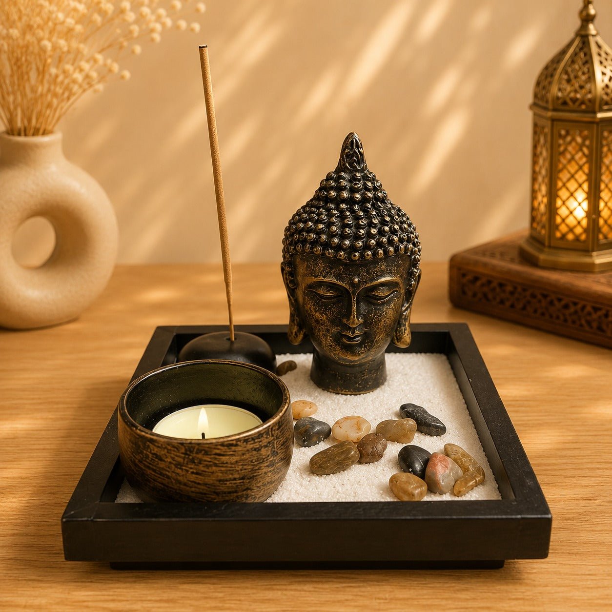 Porta Incienso Jardín Zen con Cabeza de Buda y Portavela - BOUTIQUEDELAINDIA
