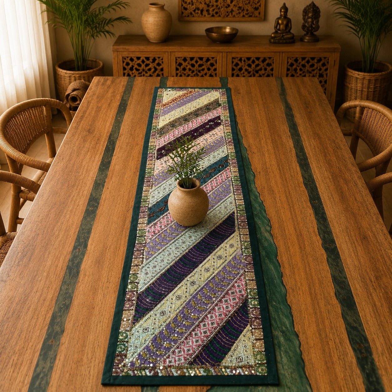 Camino de Mesa Lavanda con Bordados Inspirados en la India - BOUTIQUEDELAINDIA