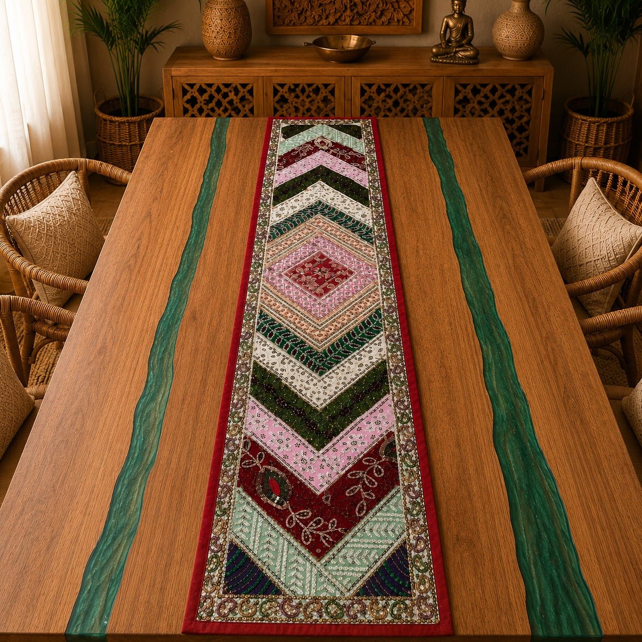 Camino de Mesa Artesanal Verde y Vino Pie de Mesa - BOUTIQUEDELAINDIA