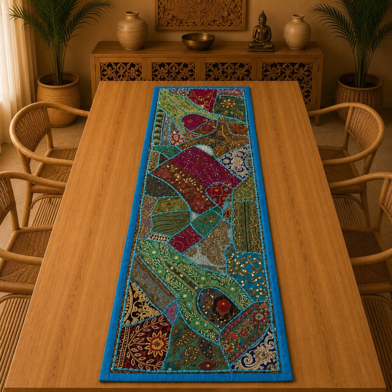 Centro de Mesa Decorativo Turquesa con Bordado Artesanal - BOUTIQUEDELAINDIA