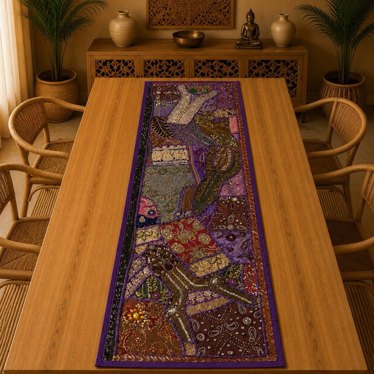 Camino de Mesa Morado con Bordados Tradicionales - BOUTIQUEDELAINDIA