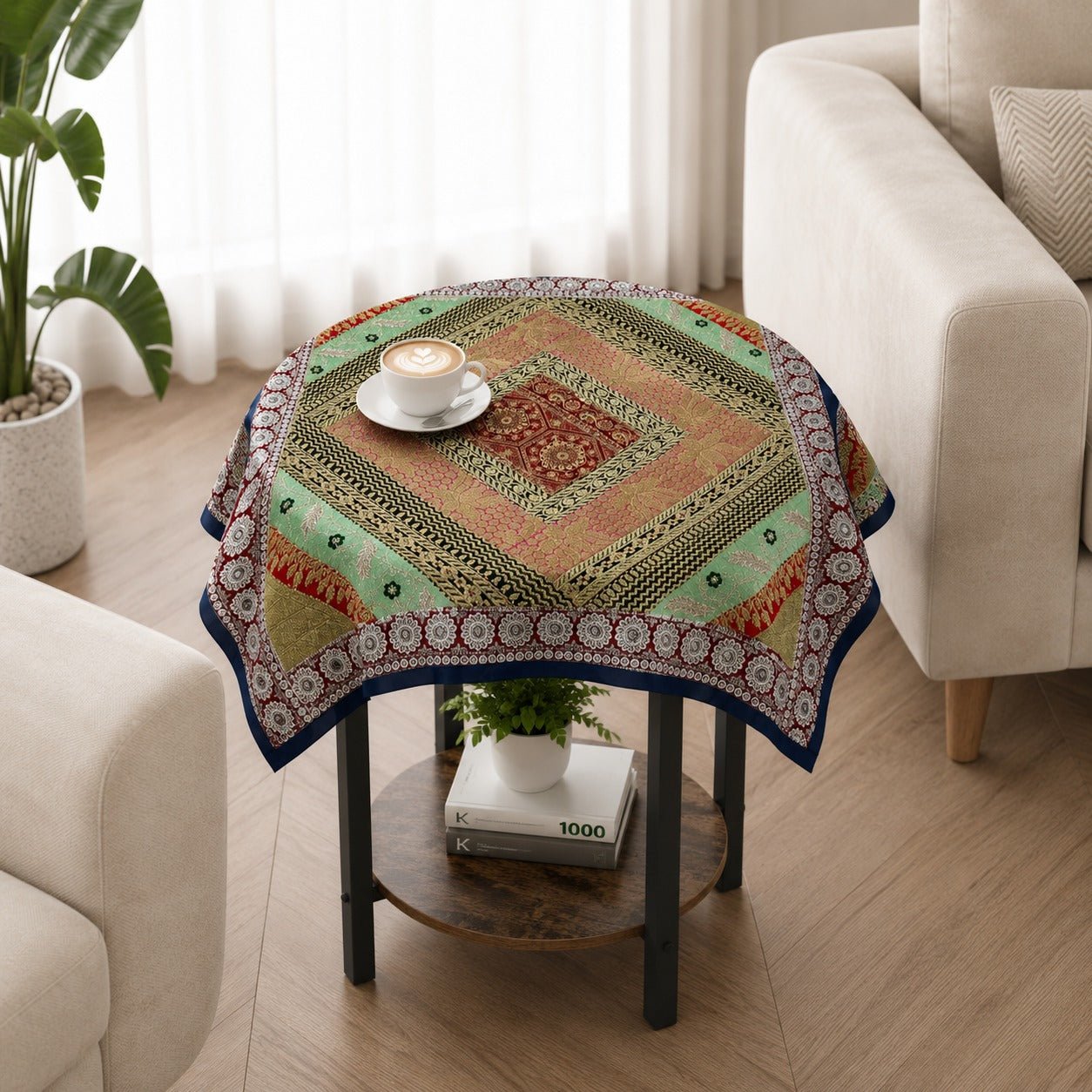 Mantel Cuadrado Artesanal con Bordados Tradicionales - BOUTIQUEDELAINDIA