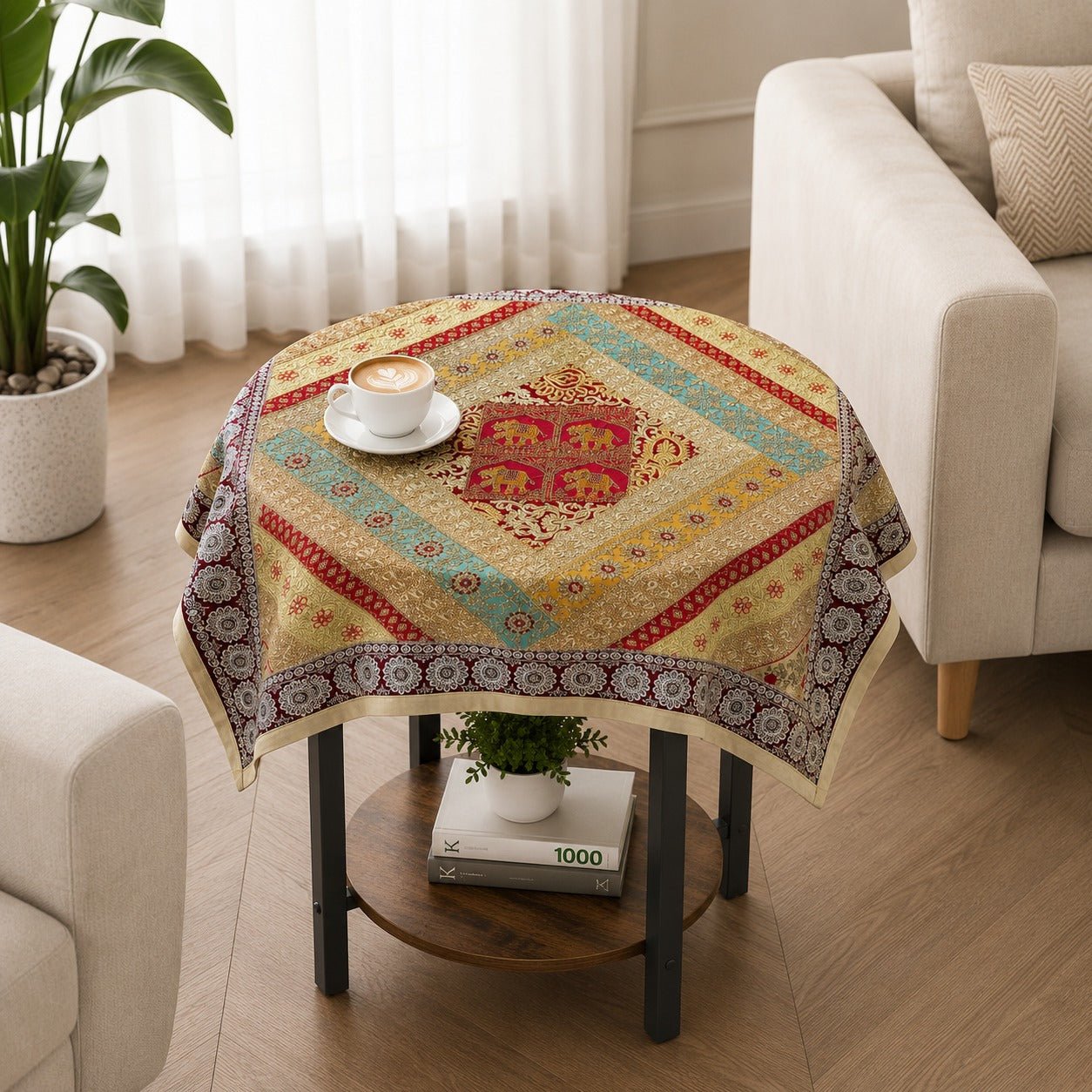 Mantel Cuadrado con Elefantes Bordados - BOUTIQUEDELAINDIA
