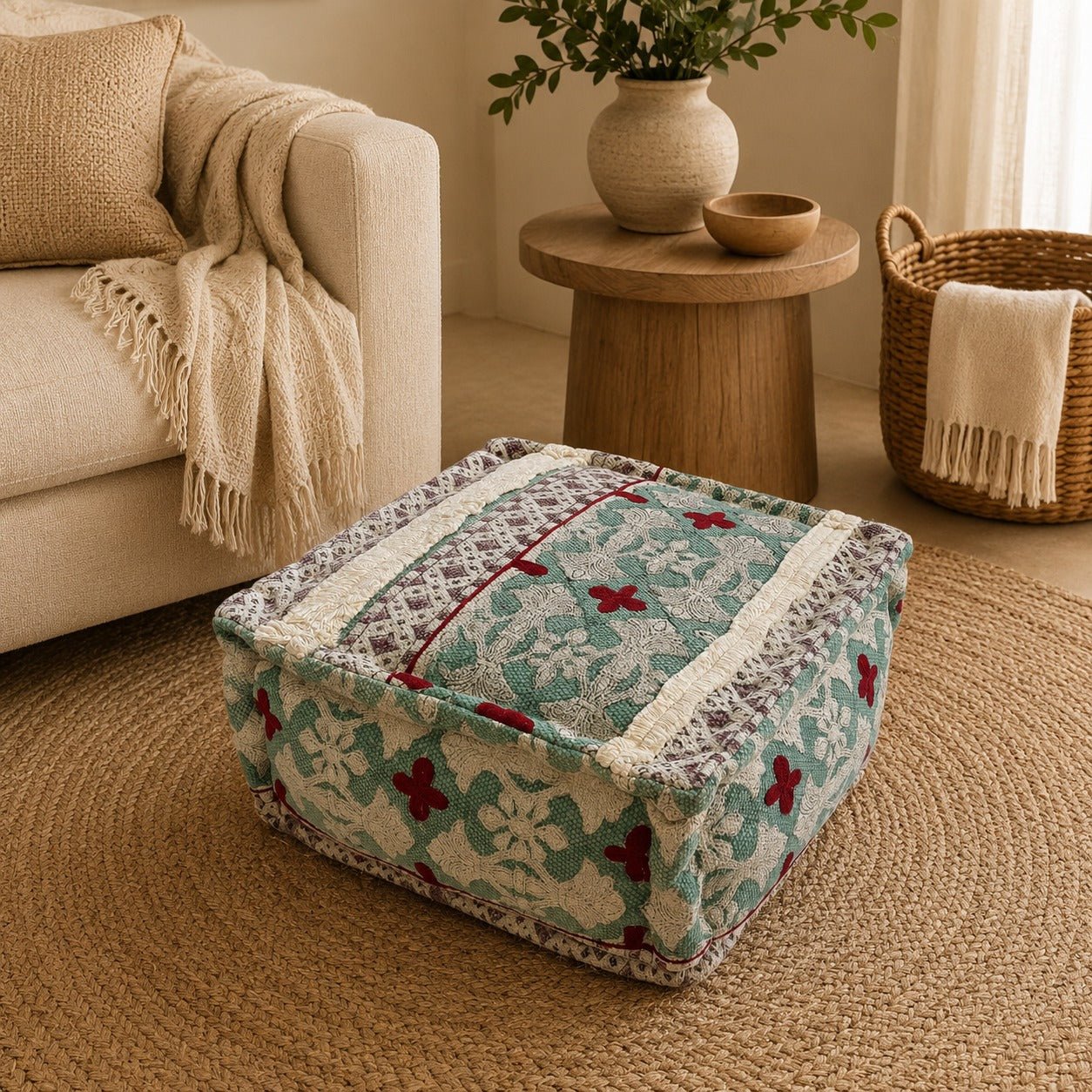 Puff Cubo Anaya Floral Artesanal - BOUTIQUEDELAINDIA