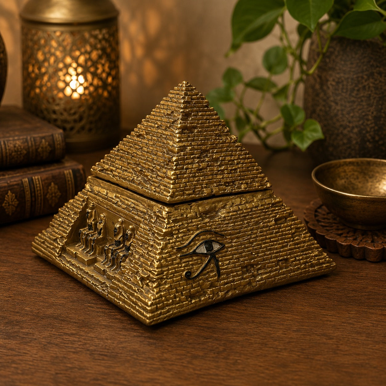 Figura Decorativa Caja Pirámide Horus Dorada