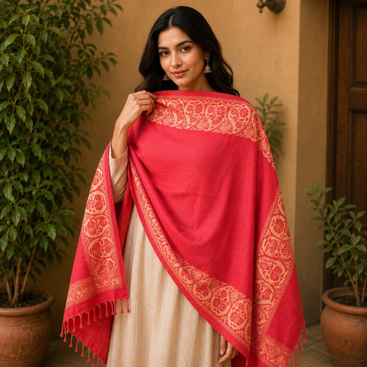 Pashmina Imperial Coral Benarés - BOUTIQUEDELAINDIA