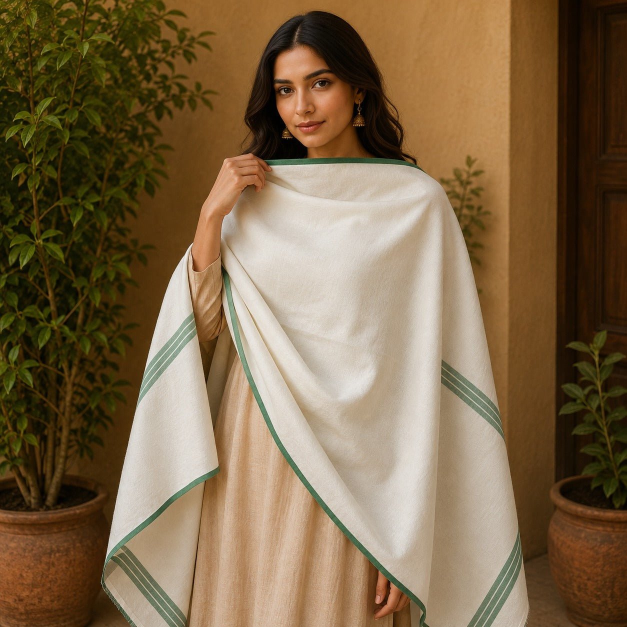 Pashmina Imperial Marfil Esmeralda - BOUTIQUEDELAINDIA