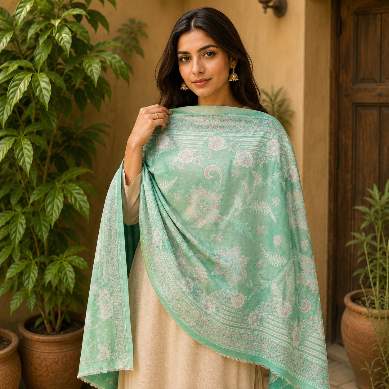 Pashmina Imperial Menta Floreal - BOUTIQUEDELAINDIA