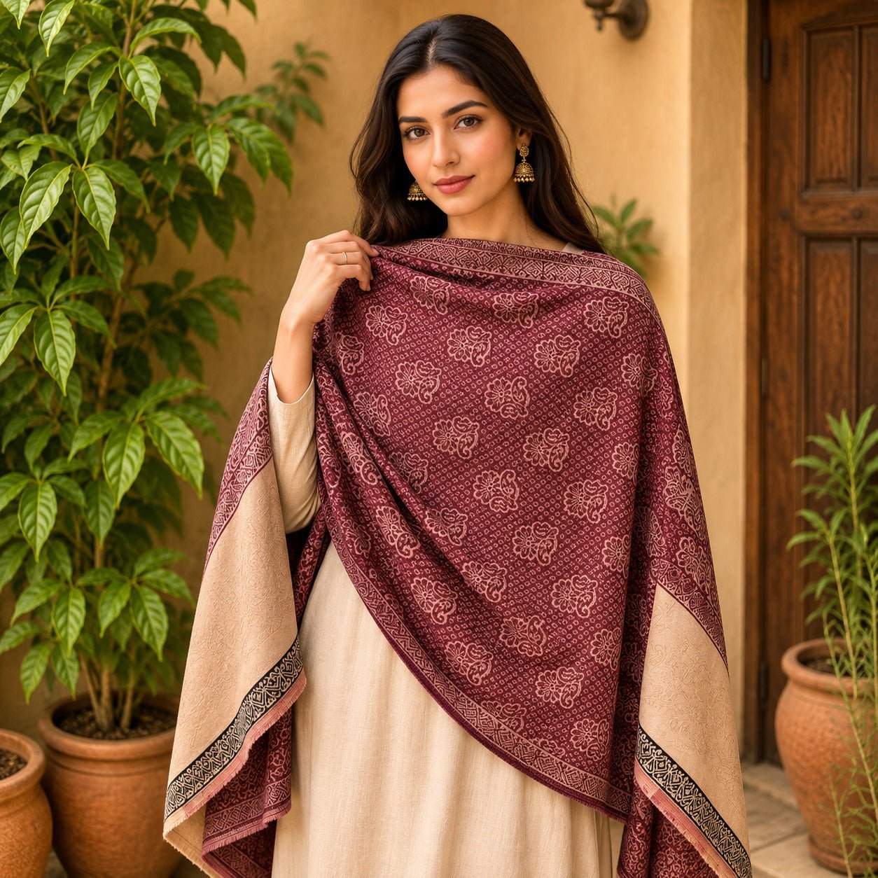 Pashmina Imperial Borgoña Clásica - BOUTIQUEDELAINDIA
