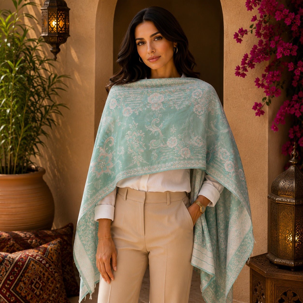 Pashmina Imperial Menta Floreal - BOUTIQUEDELAINDIA