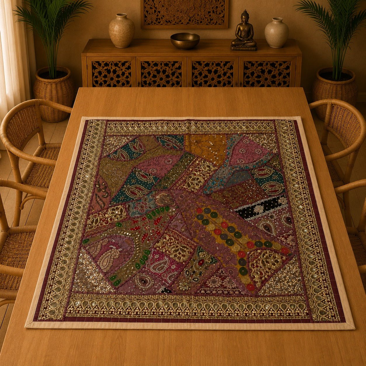 Mantel Patchwork Burdeos con Bordados Artesanales de Inspiración India - BOUTIQUEDELAINDIA