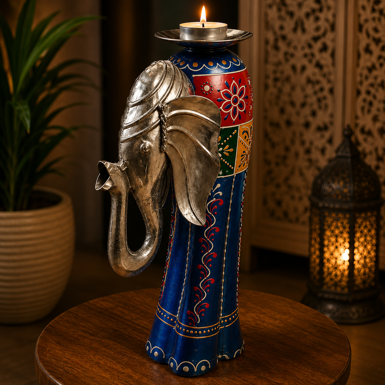 Porta vela Artesanal Elefante Real de la India en Metal y Madera Grande 