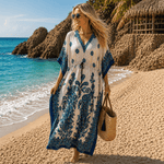 Vestido o Bata Kaftan Tela Liviana KF-1-4 Blanco con detalles Azul Zafiro