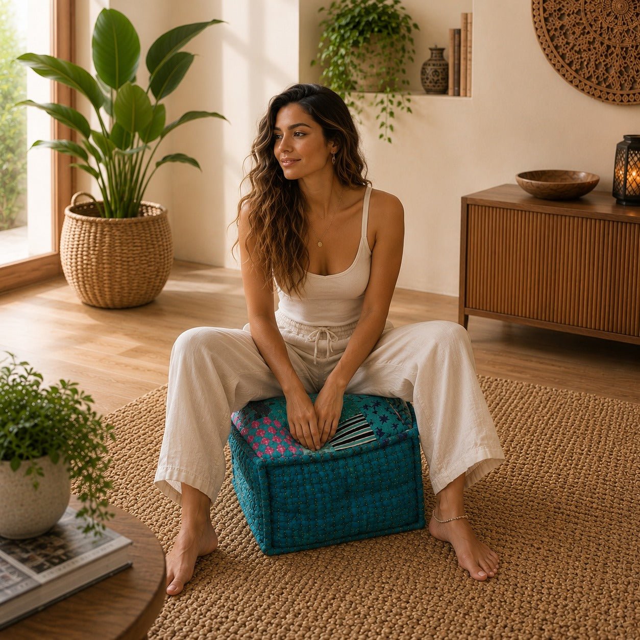 Puff Cubo Vihana Turquesa Artesanal - BOUTIQUEDELAINDIA