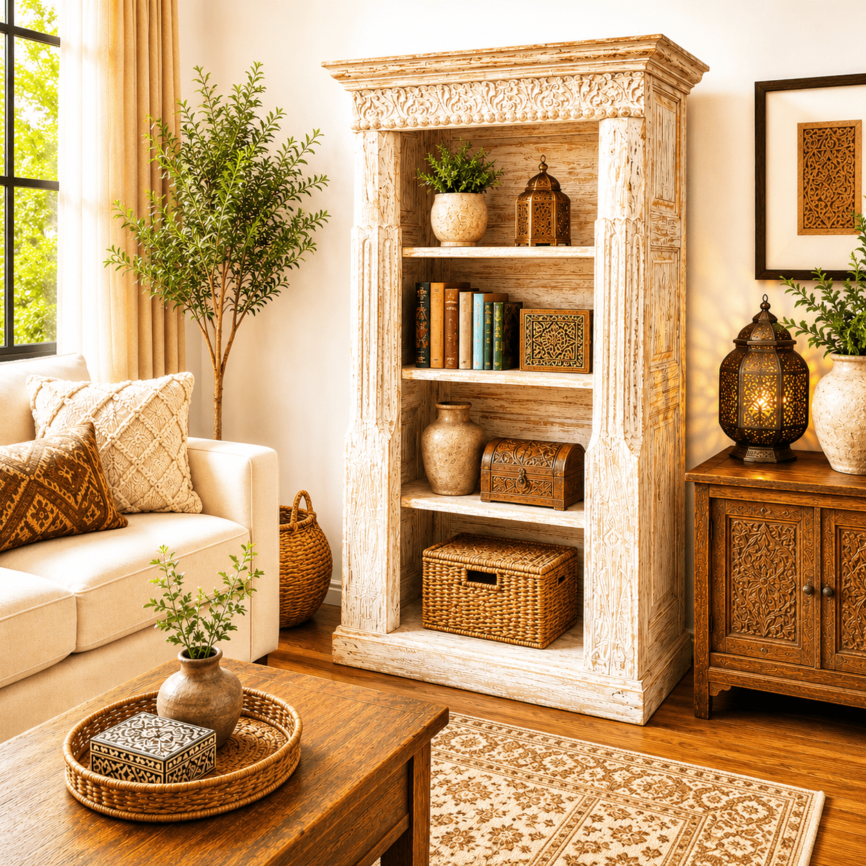 Biblioteca Blanca Tallada a Mano Vintage - BOUTIQUEDELAINDIA