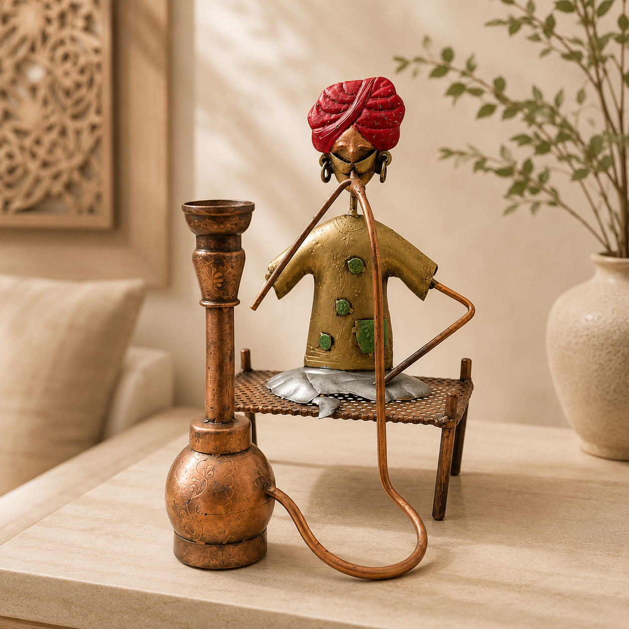  Hombre Músico con Hukka Decorativo en Metal con Acabado Bronce 