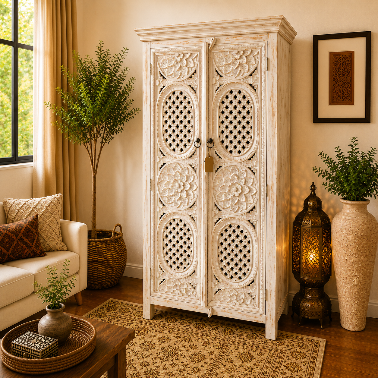 Hand-Carved Oriental Cabinet with Floral Design