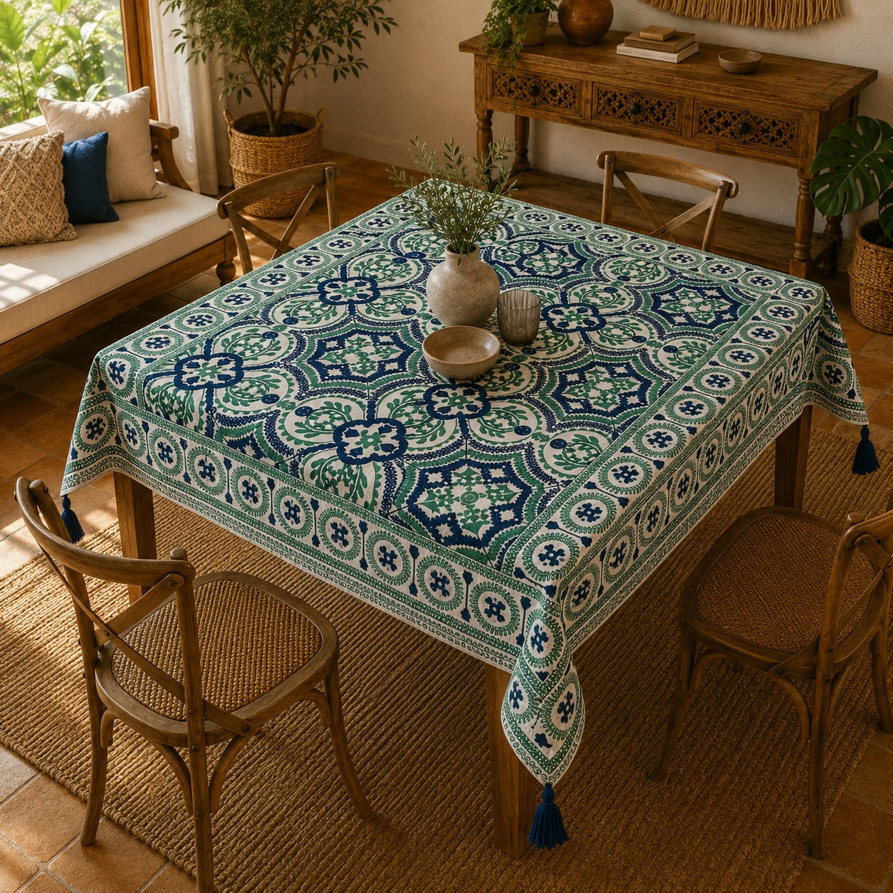 Mantel de Lino Kaş Esmeralda con Diseño Cicular