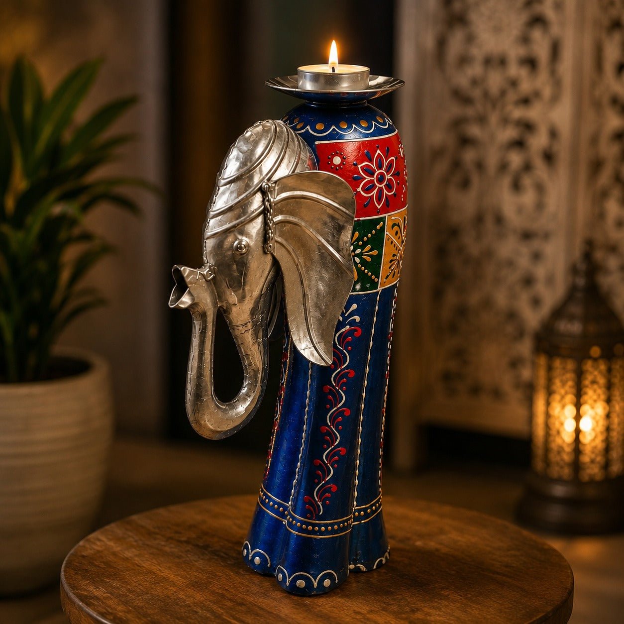 Portavela Artesanal Elefante Real de la India en Metal y Madera