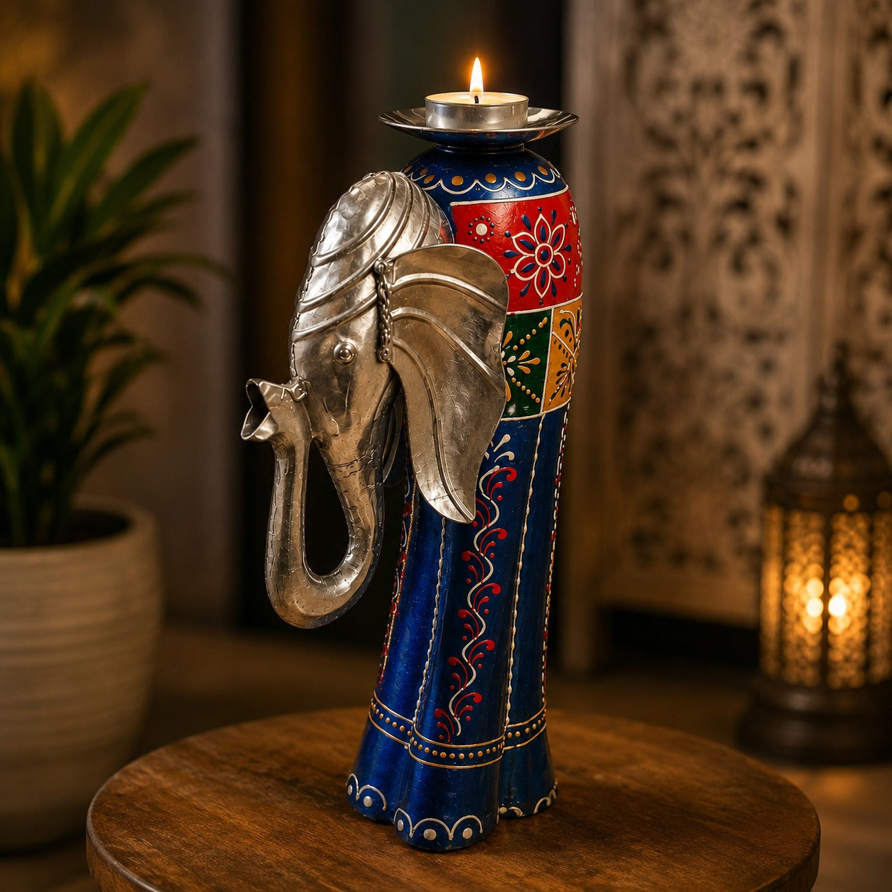 Portavela Artesanal Elefante Real de la India en Metal y Madera