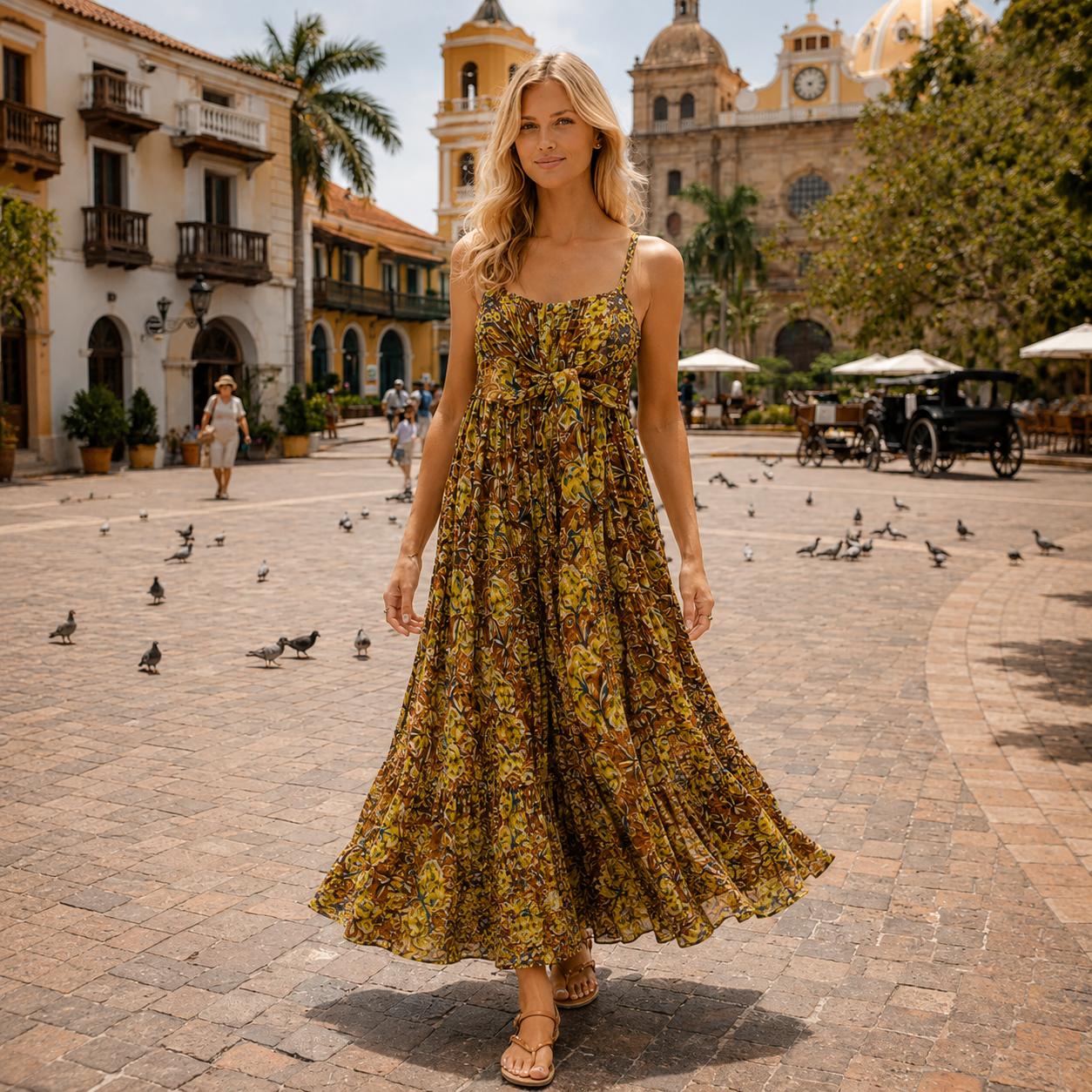Vestido Angeli  Elastico DR-51 Café Amarillo