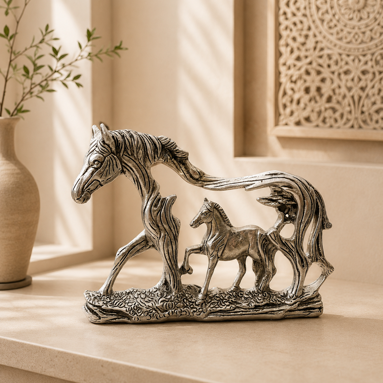  Figura Decorativa Caballo con Potrillo en Aluminio 